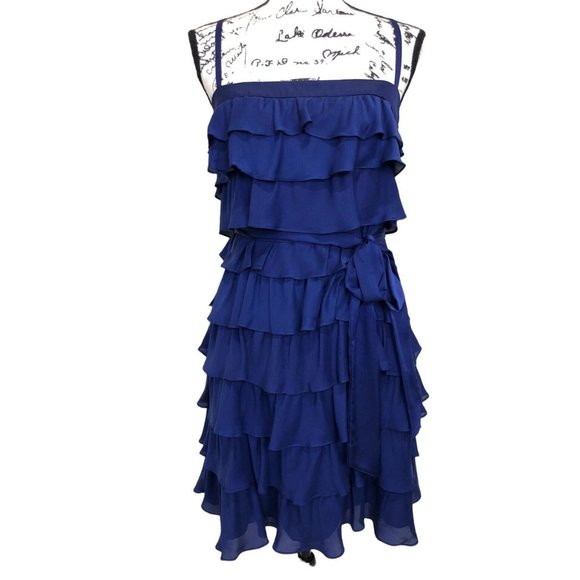 Size 12 NEW$200.00 ANTHROPOLOGIE VA ET VIEN SILK BLUE‎ RUFFLE PARTY DRESS W/TIE - Picture 6 of 13